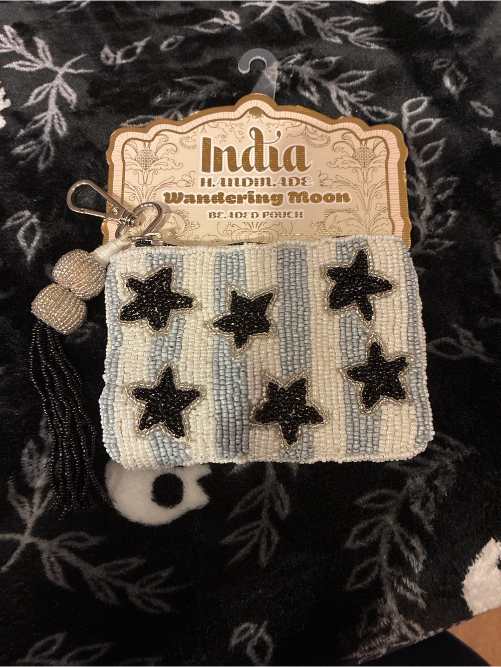 India Handmade Beaded Star Card & Key Pouch - White & Light Blue